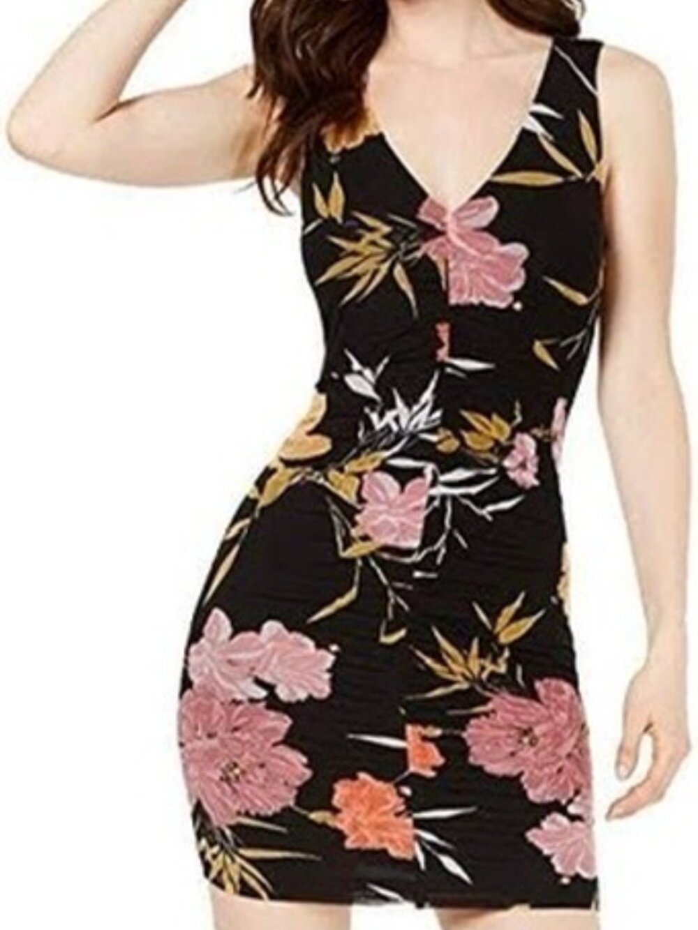 Small GUESS Black Pink, Mustard, Orange Floral Gabrielle Ruched Cutout Dress